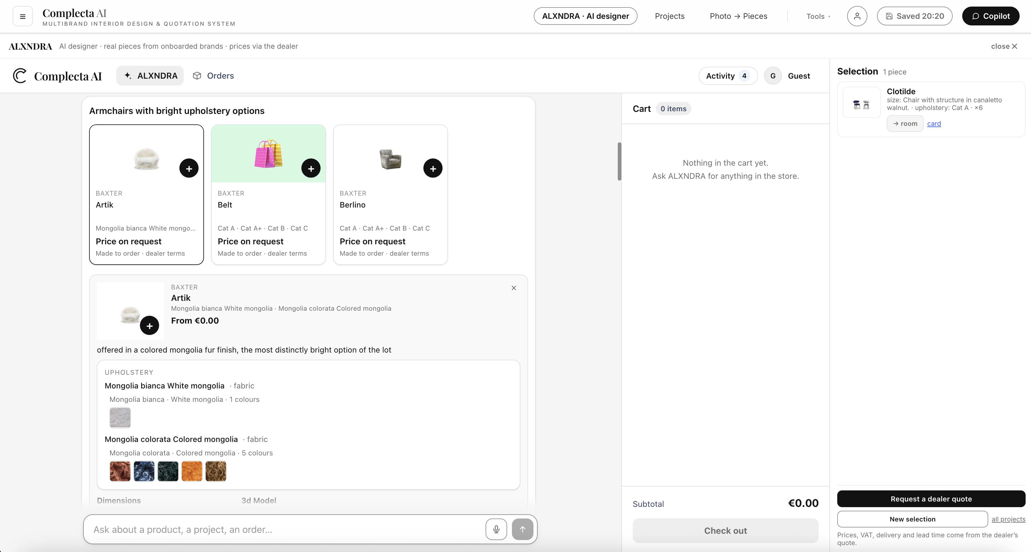 Complecta AI assistant showing armchair options and a product selection
