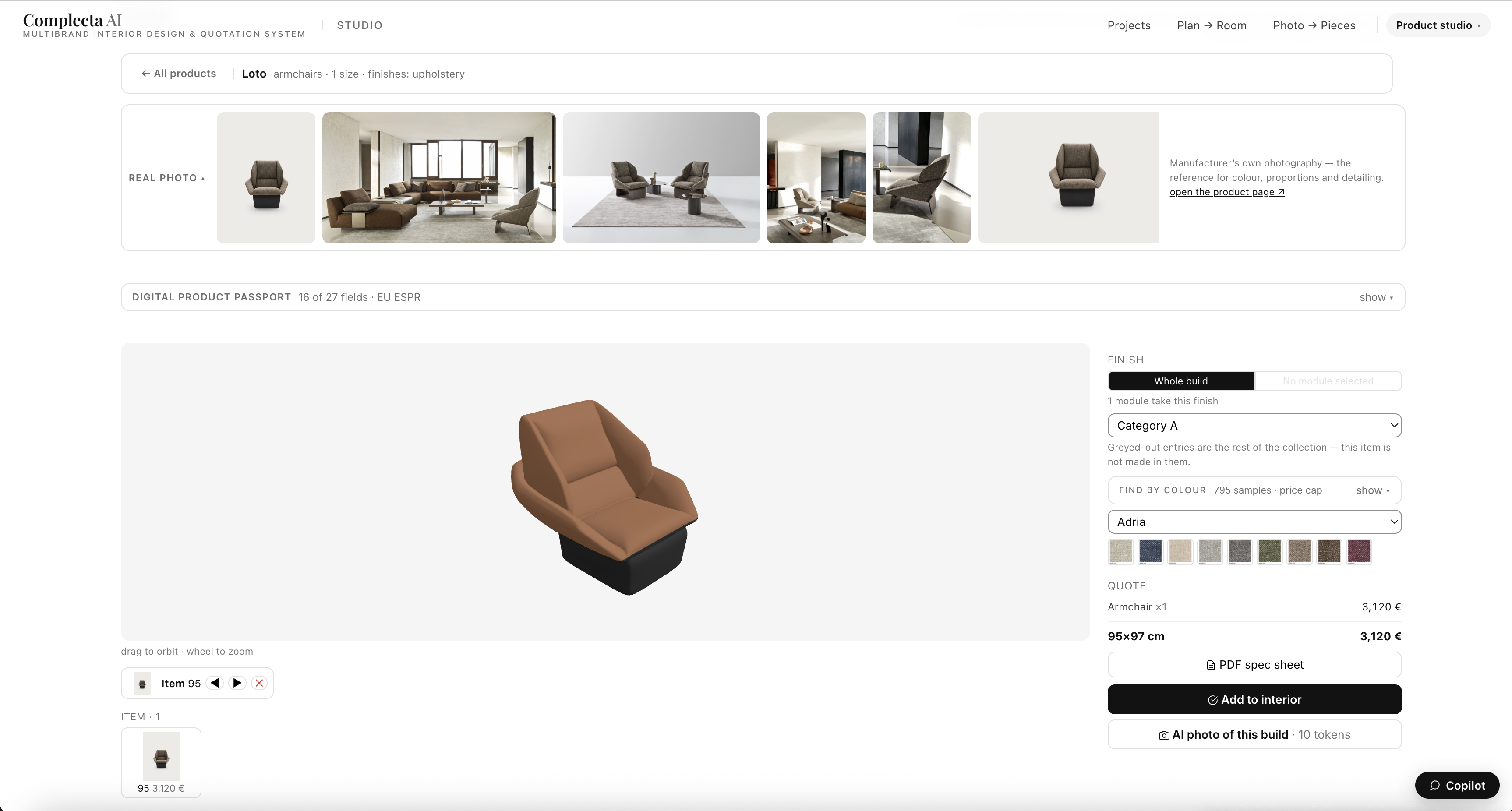 Loto armchair configurator showing upholstery options and pricing