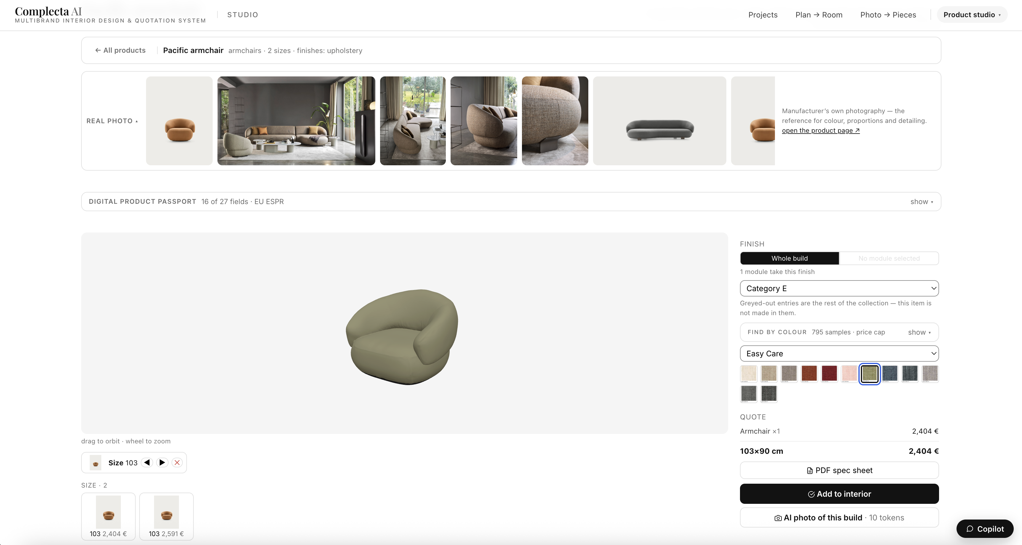 Complecta product configurator with an armchair, upholstery options and pricing