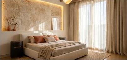 Warm bedroom with textured walls and neutral furniture