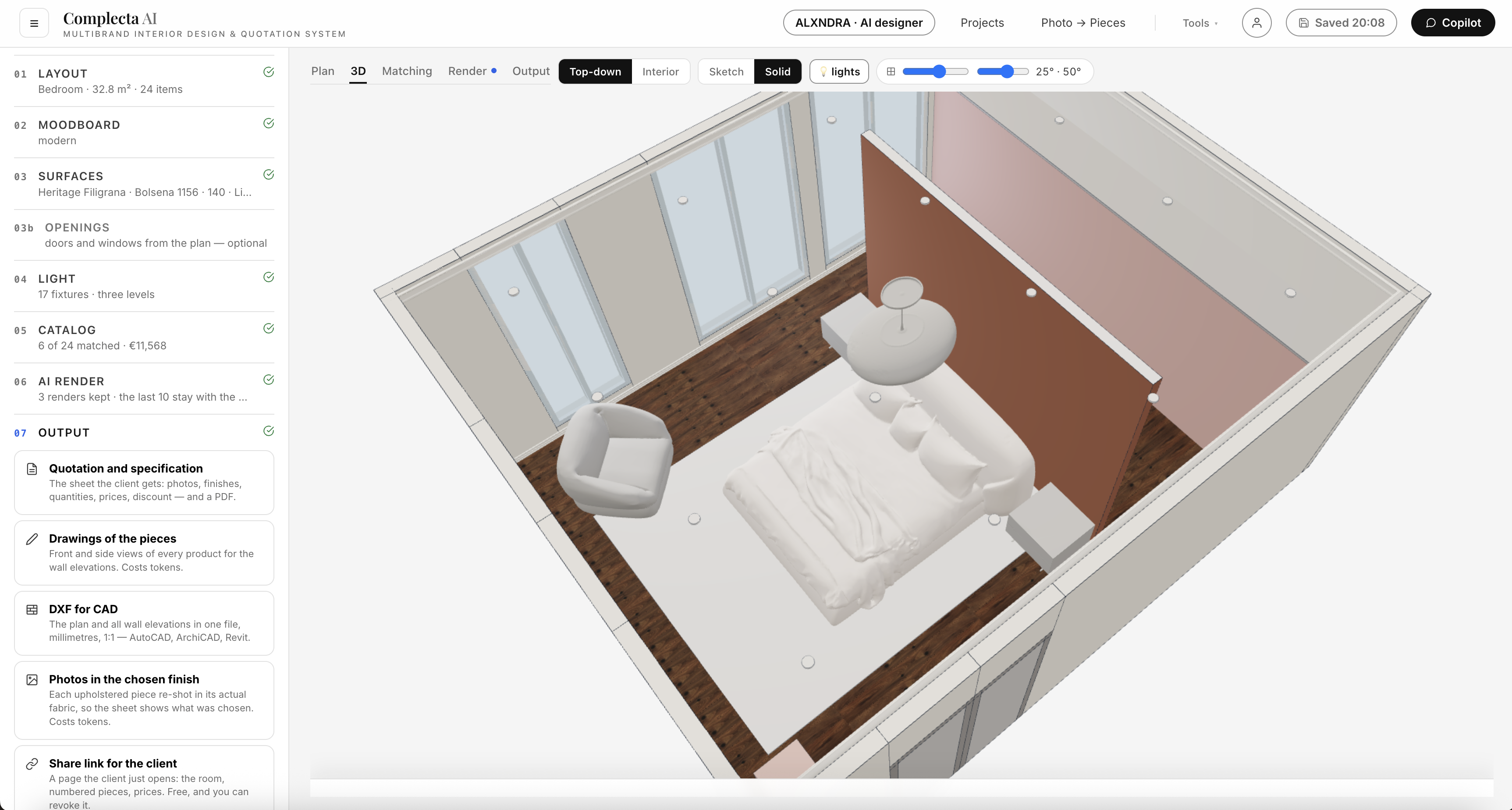 Complecta 3D room workspace showing a furnished bedroom from above