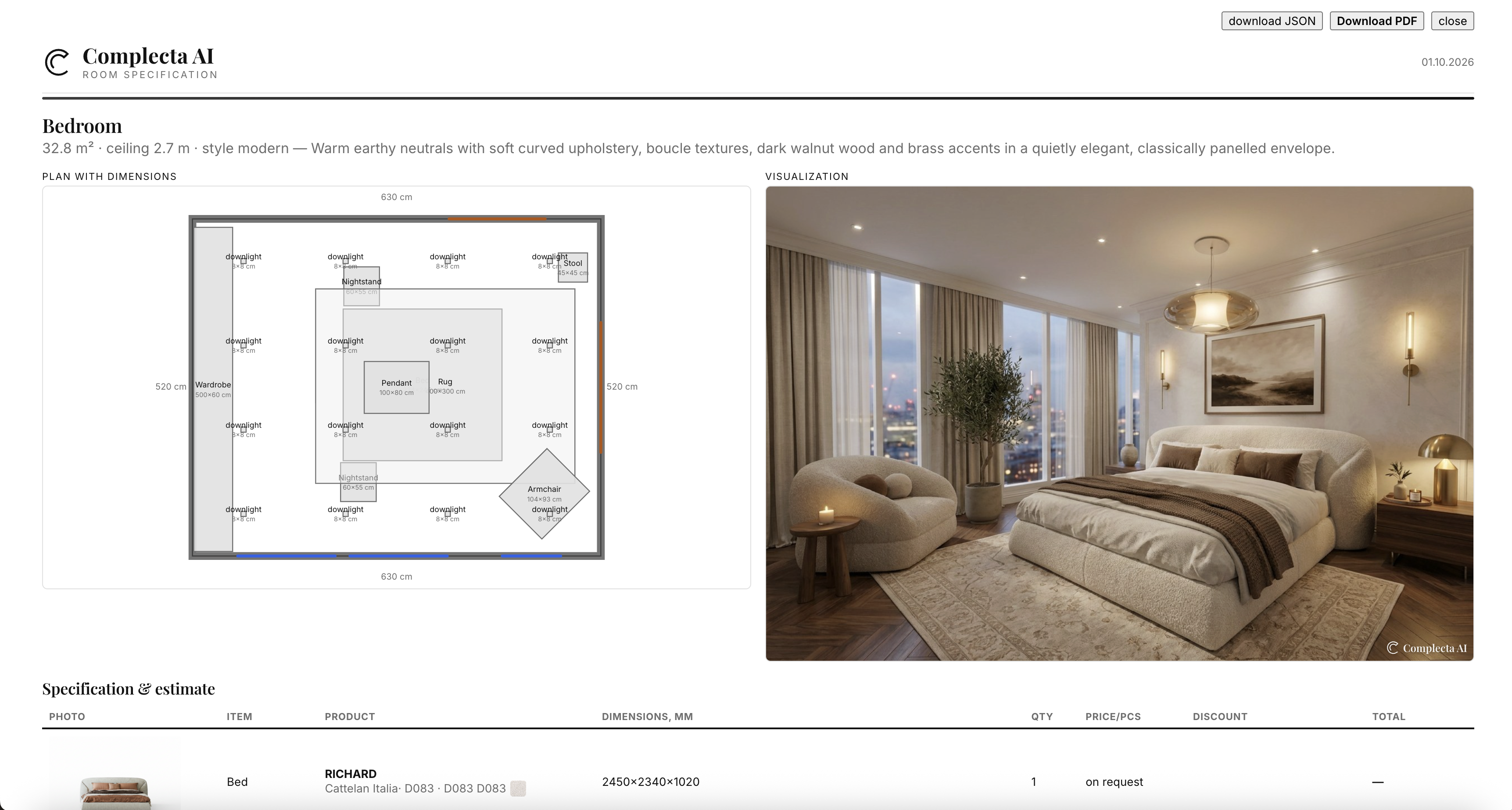 Client specification with a dimensioned plan, bedroom visualisation and product list